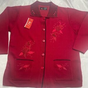 Elegant Red Embroidered Women's Sweater. XinYa. NWT. Tag shows XXL. See measure.